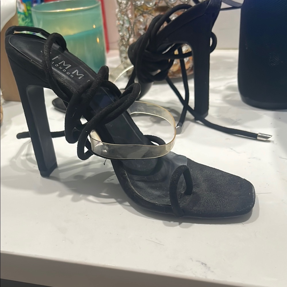 Black Lace-Up Block Heel Sandals